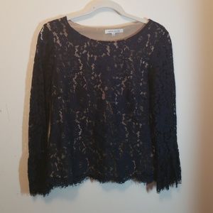 NWOT Navy Blue Lace Trim Blouse with Ruffles